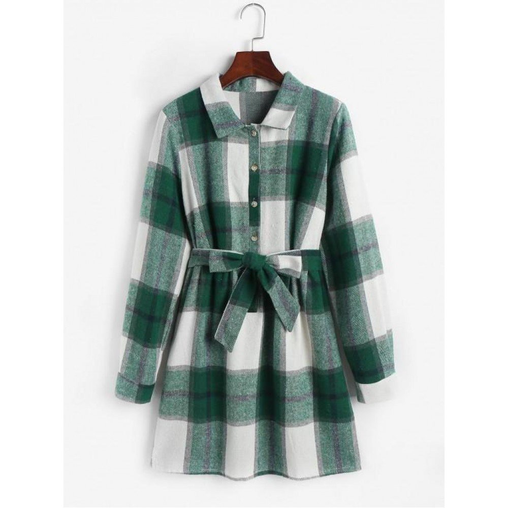 Plaid Graphic Button Belt Casual Shirt Dress Plaid Graphic Button Belt Casual Shirt Dress