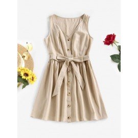 Button Front Belted A Line Tank Dress